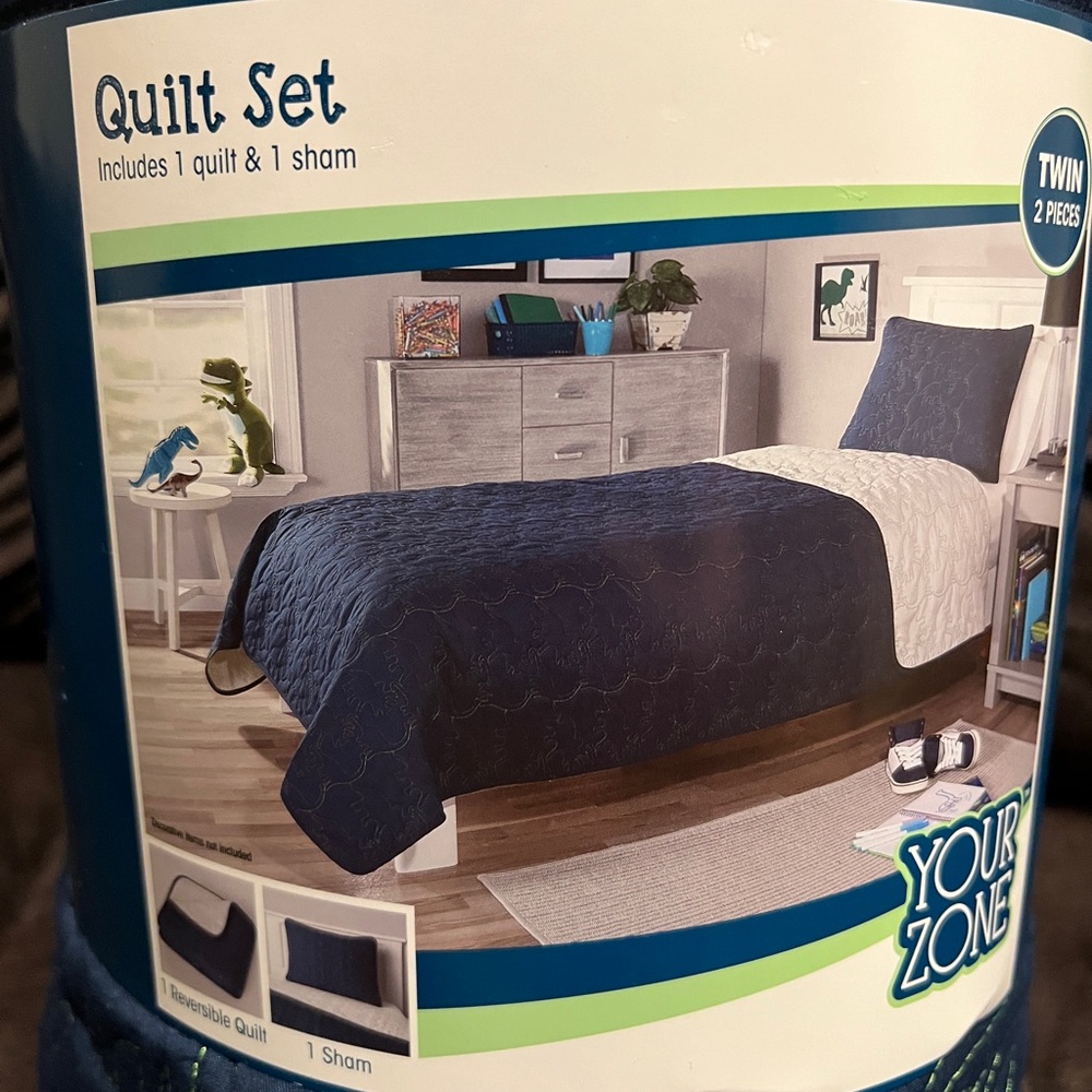 Your Zone Twin Quilt Set With Pillow Sham Navy Blue Grey Dinosaurs Boys
